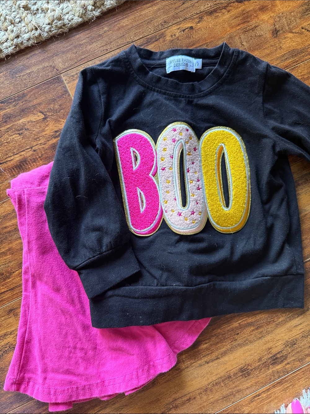 Rylee Faith Designs Kids "BOO" Applique Sweatshirt + Pink Flare Pants
